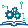 An icon of an opening book with gears tech lines standing